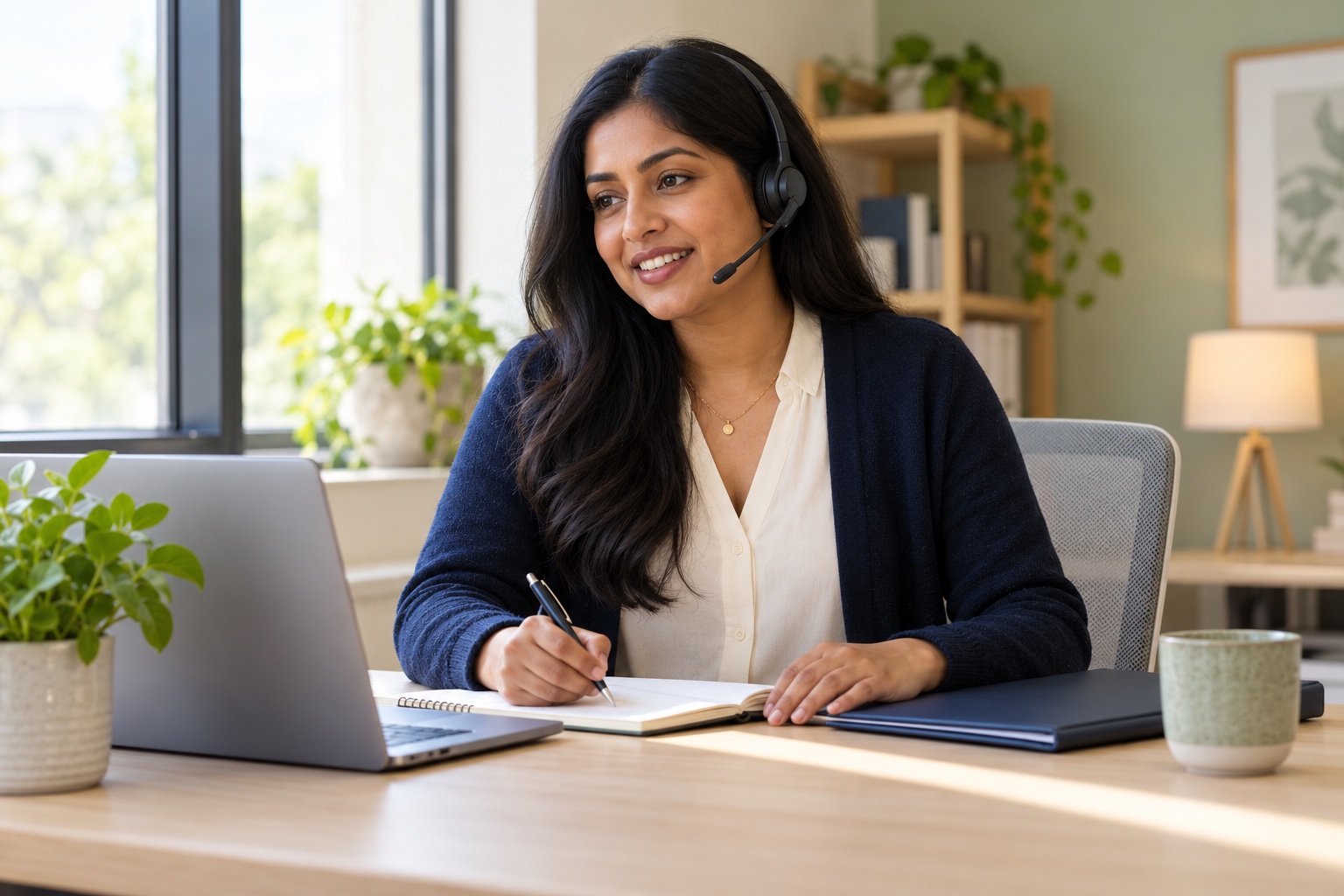 A recruitment consultant using a headset for a follow-up call in a bright office