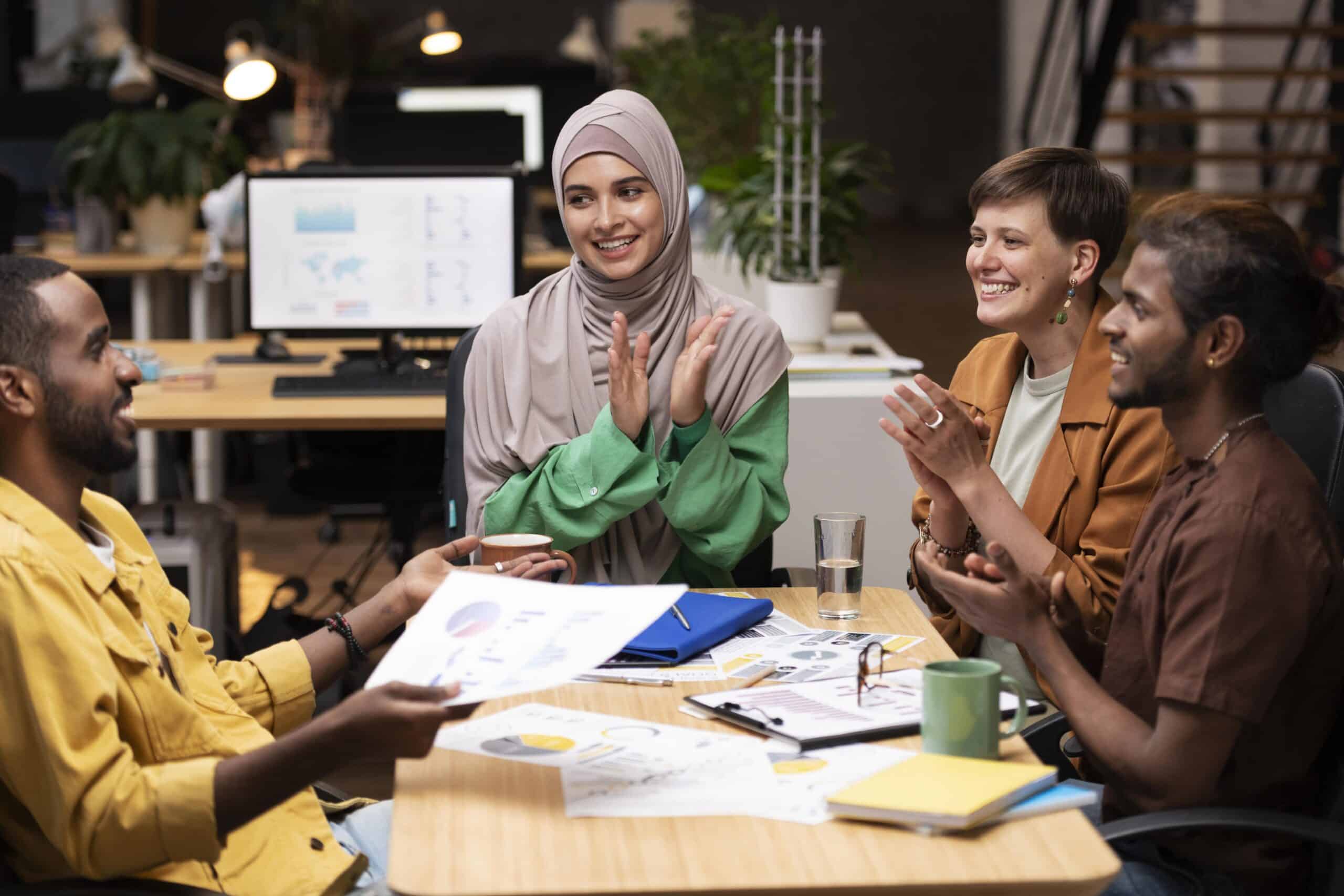 Diverse colleagues applauding during a team discussion